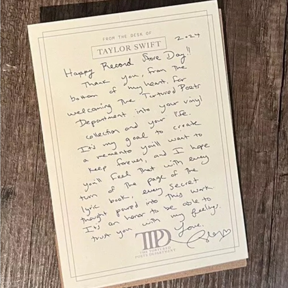 Taylor Swift RSD Letter Note Card Record Store Day The Tortured Poets Department